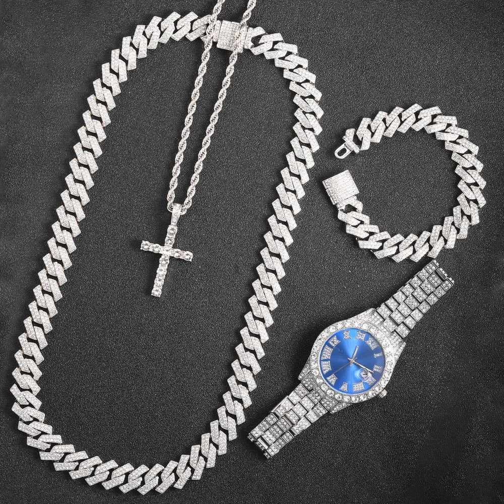 16 mm kubanische Gliederkette, Kreuzuhr und Armband-Paket