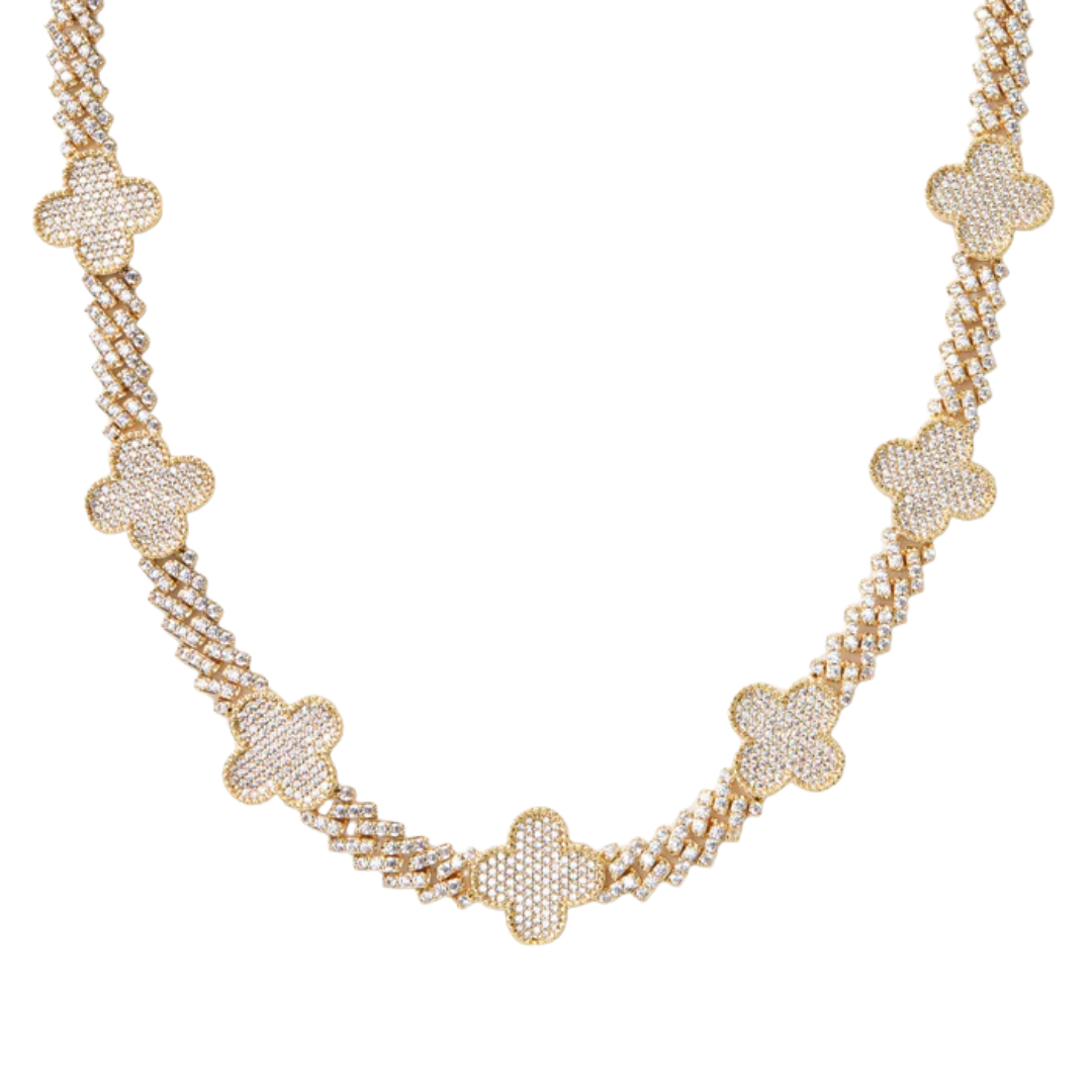 Clover Iced Prong Cuban Chain (Gold) - 8mm