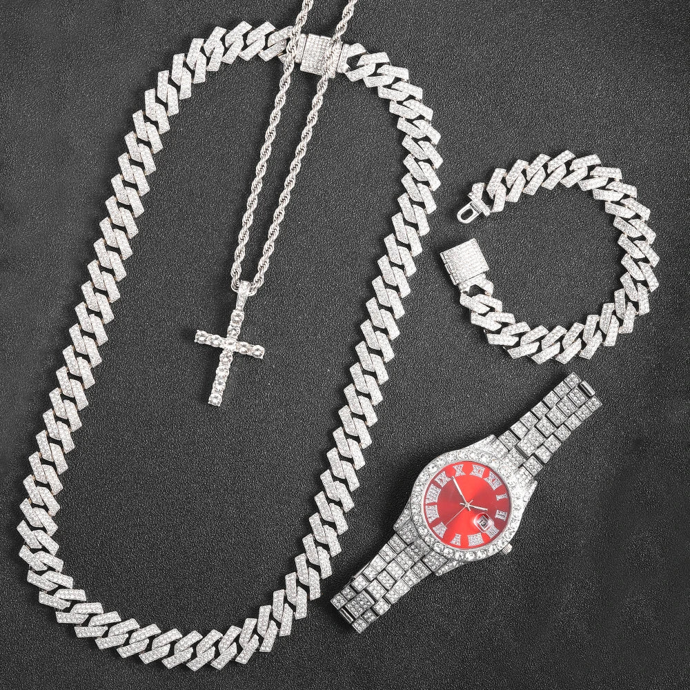 16 mm kubanische Gliederkette, Kreuzuhr und Armband-Paket