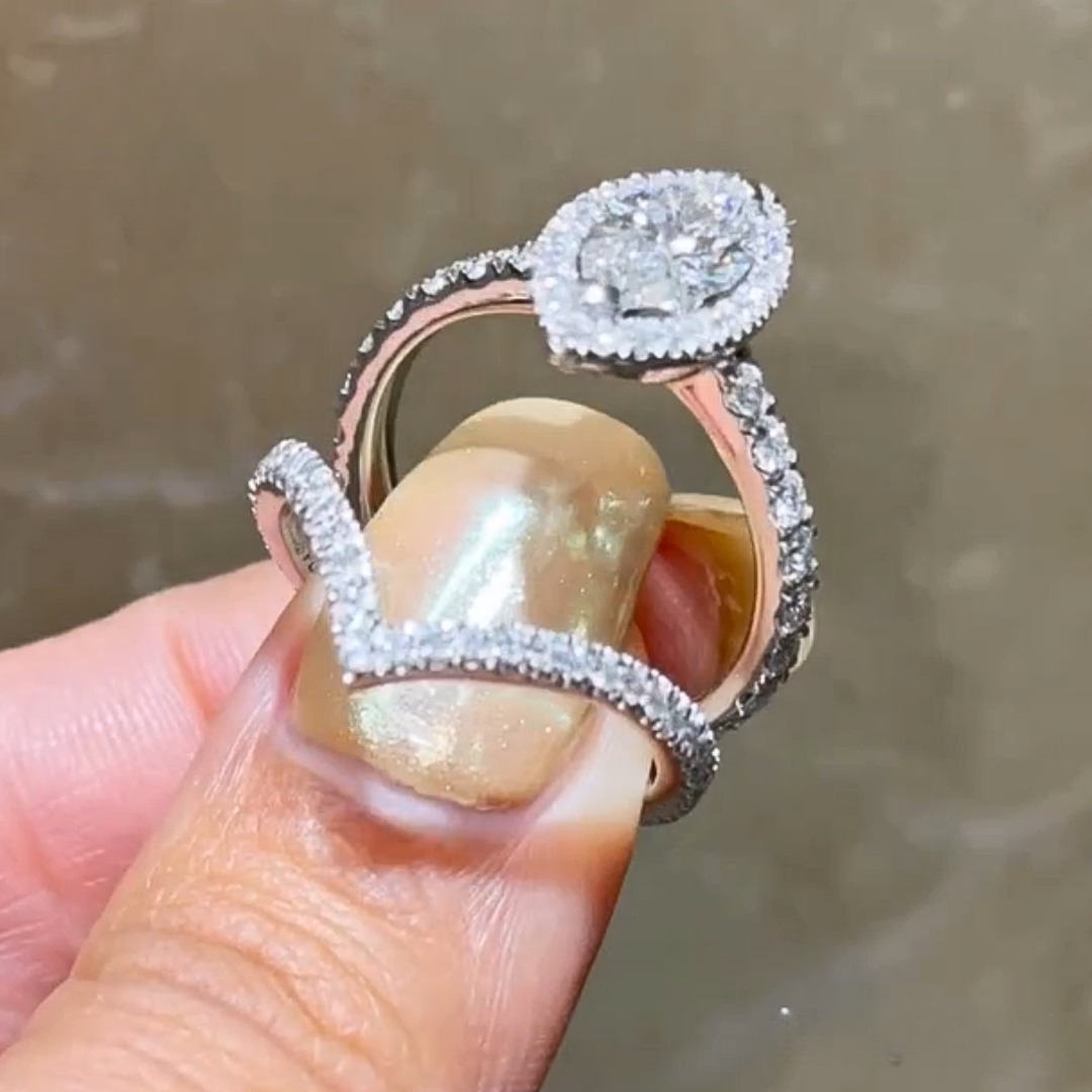 3 Karat 14 Karat massives Weißgold, Marquise-Schliff, Moissanit-Verlobungsring-Set