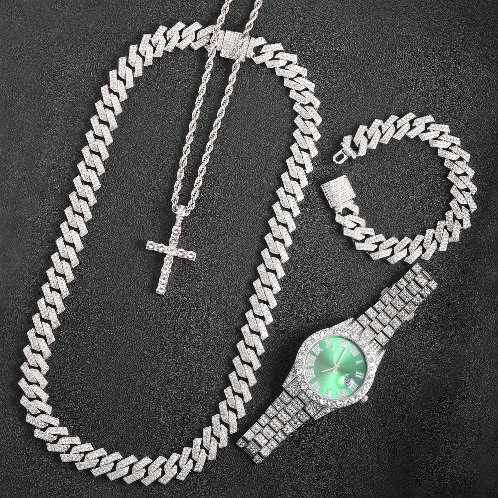 16 mm kubanische Gliederkette, Kreuzuhr und Armband-Paket