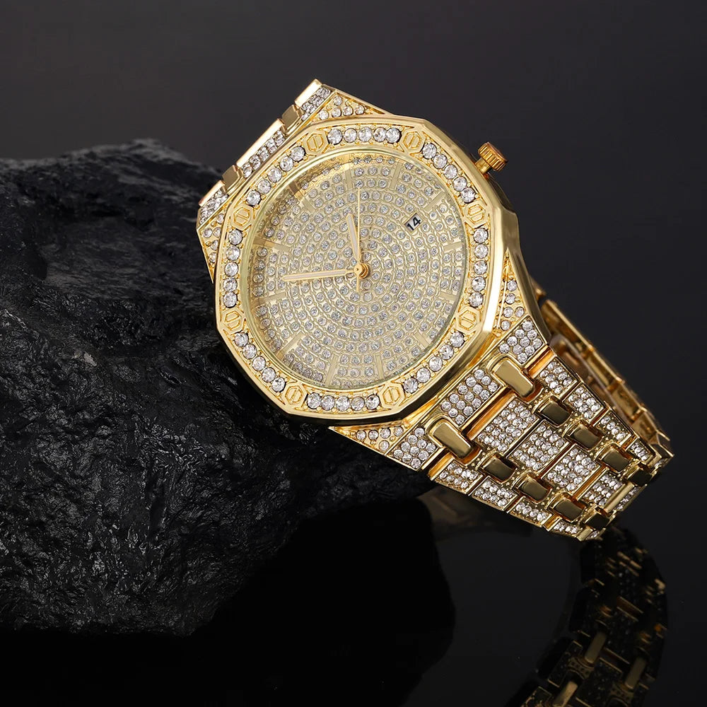 „King Frost“ Iced Out Herren-Golduhr und Miami Cuban Armband Luxus-Paket