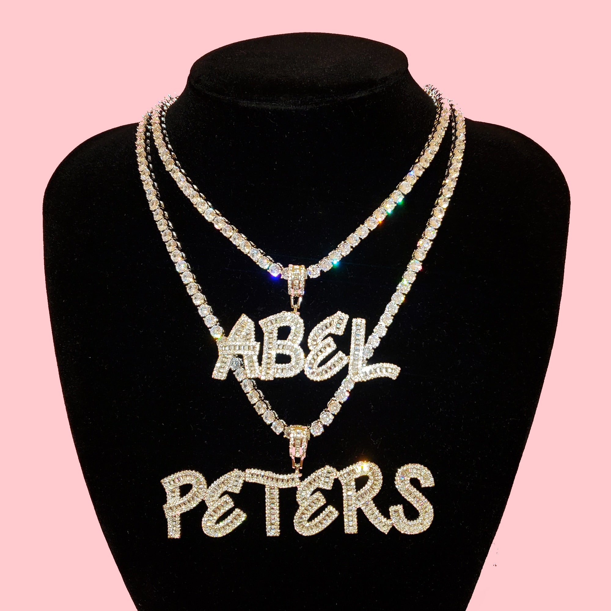 Individuelle Baguette-Buchstaben-Namenskette – Iced Out-Anhänger mit Tenniskette