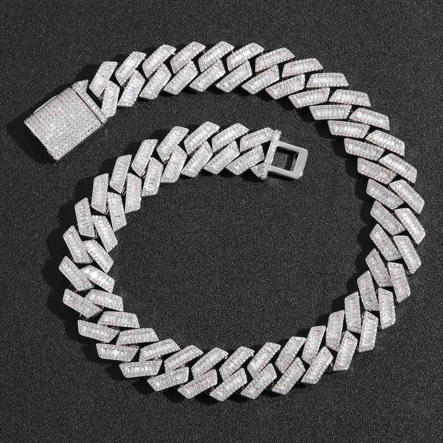 Dreireihige kubanische Gliederkette mit Diamanten aus Weißgold, 20 mm