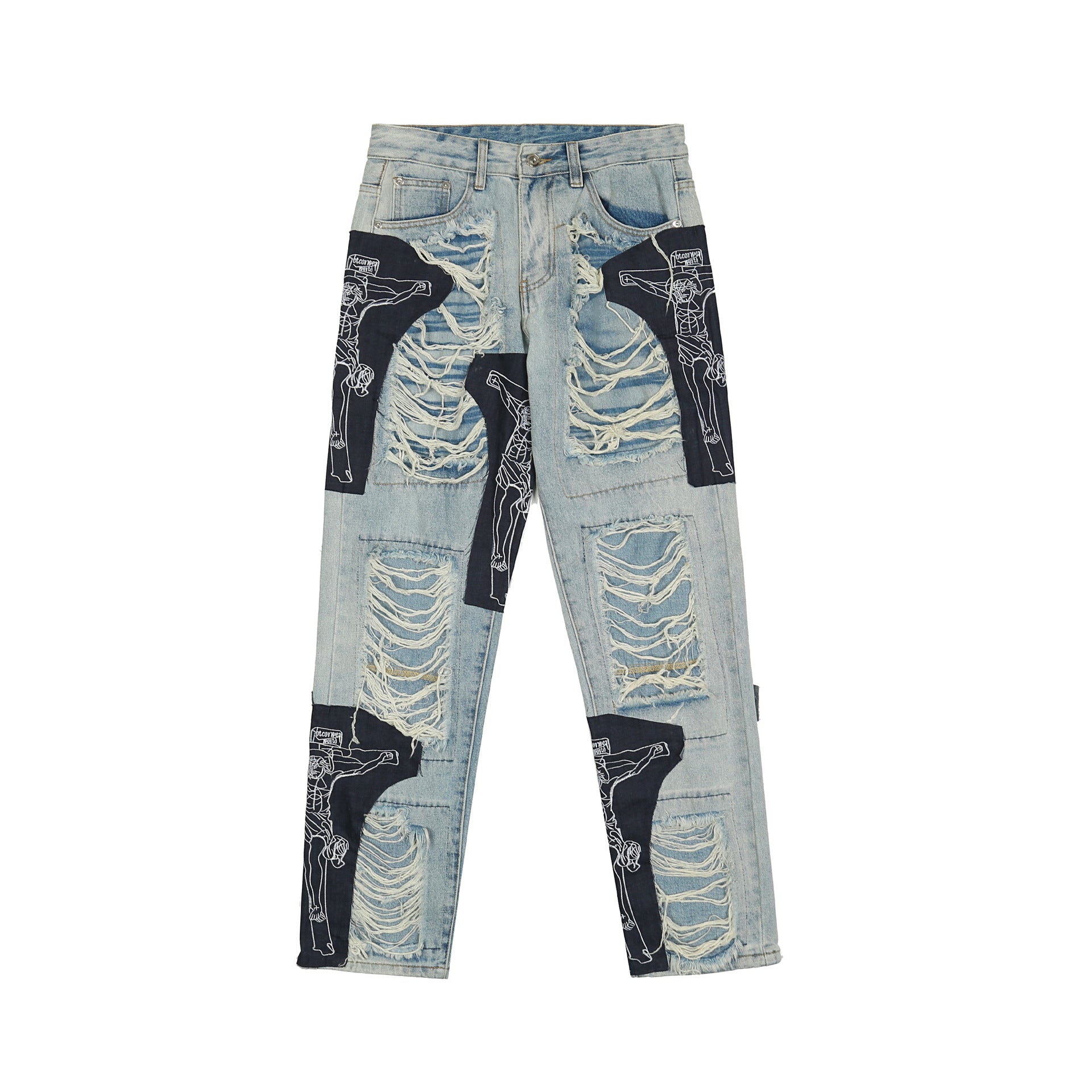 Zerrissene Jesus-Patchwork-Jeans