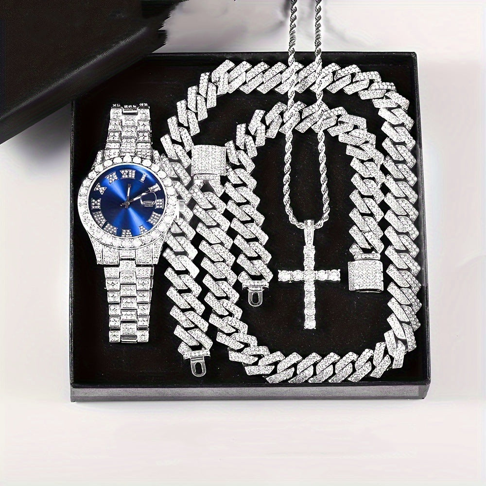 VVS Jewelry 4-teiliges Iced Out-Set aus Uhr und kubanischer Kette, Armband und Kreuz
