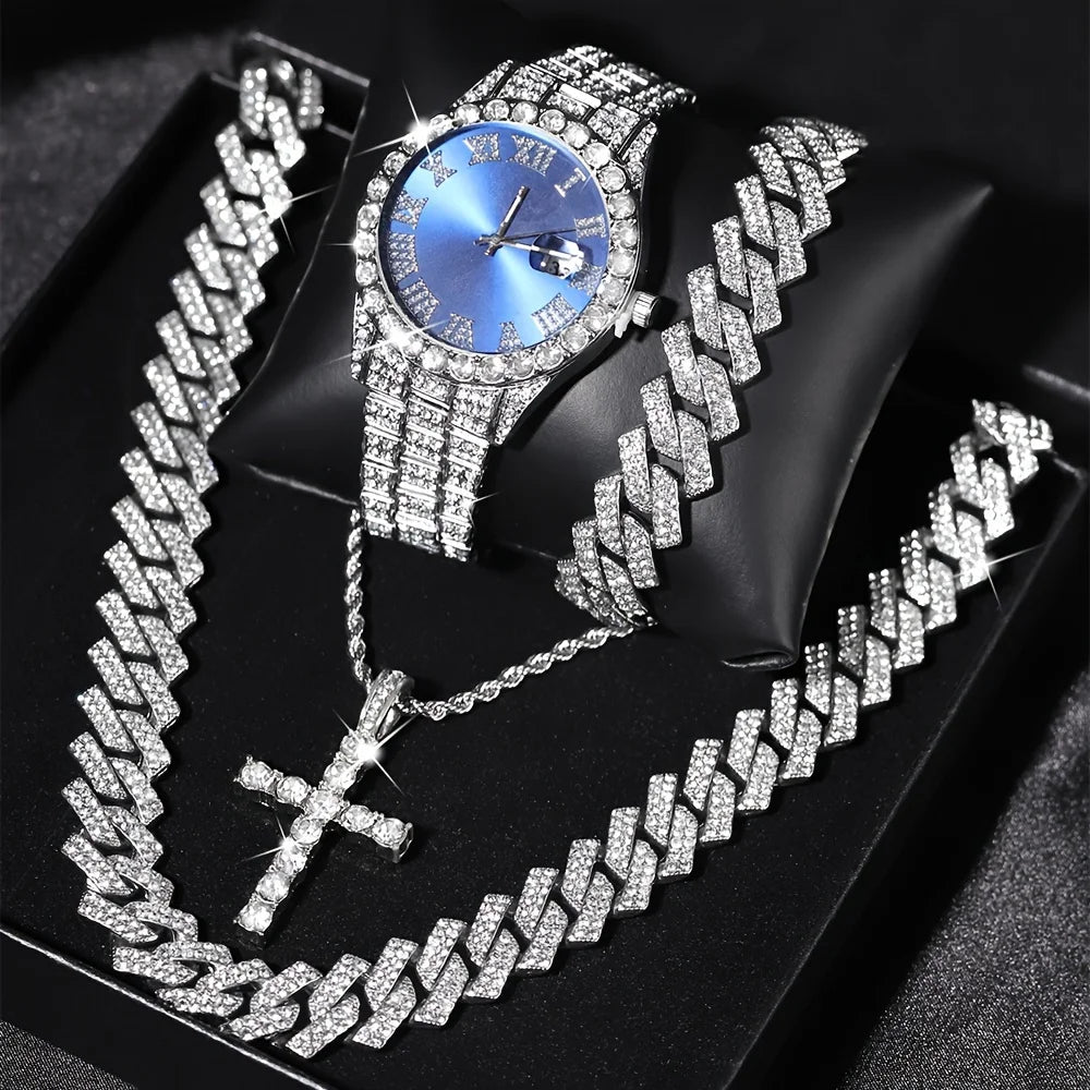 VVS Jewelry 4-Piece Iced Out Watch & Cuban Chain, Bracelet and Cross Bundle Set