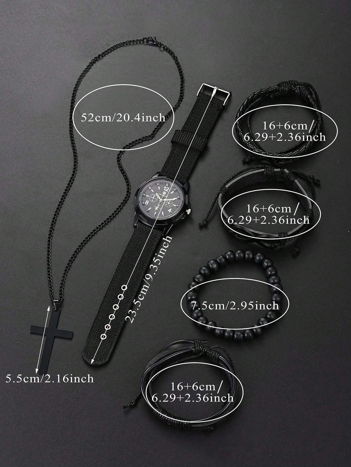 VVS Vanta Noir 6-teiliges Herren-Accessoire-Set – Lederarmband, mechanische Uhr und Halskette mit Kreuzanhänger