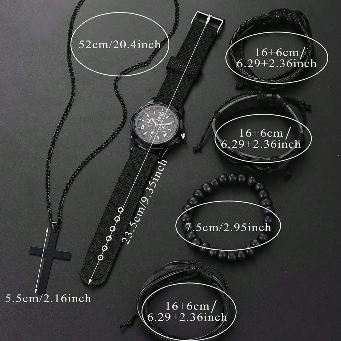 VVS Vanta Noir 6-teiliges Herren-Accessoire-Set – Lederarmband, mechanische Uhr und Halskette mit Kreuzanhänger