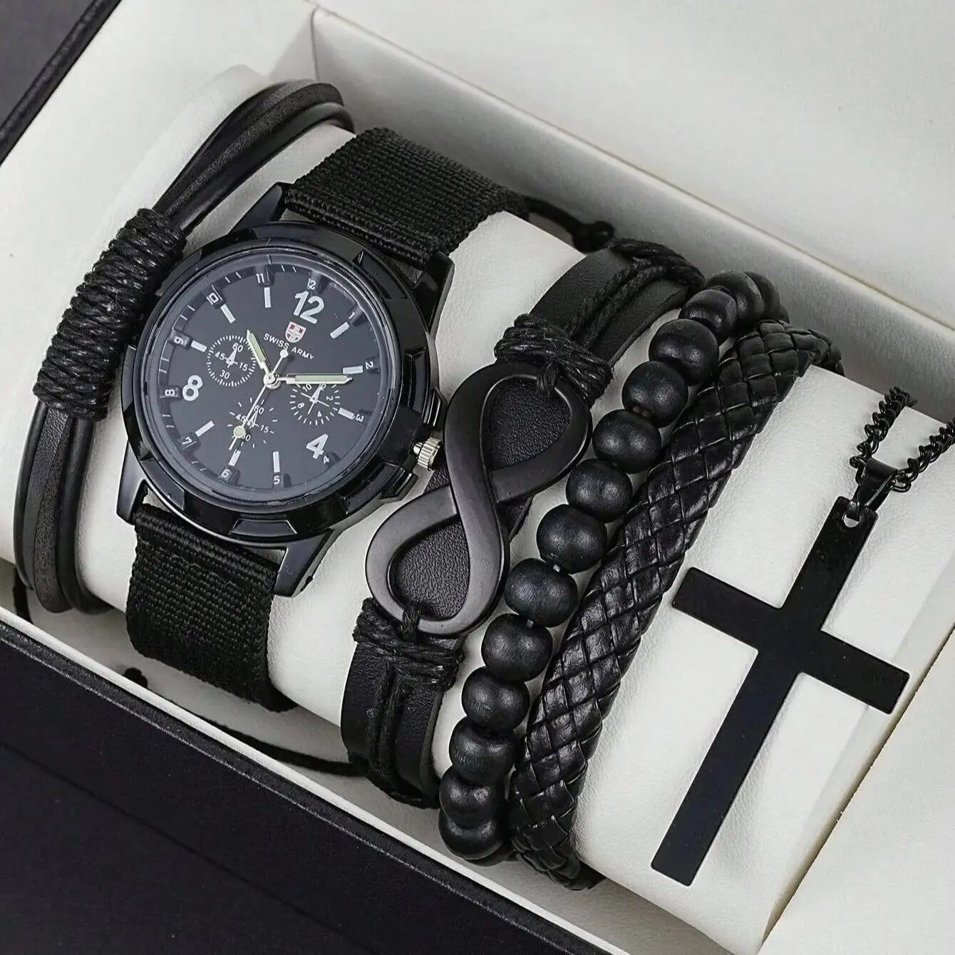 VVS Vanta Noir 6-teiliges Herren-Accessoire-Set – Lederarmband, mechanische Uhr und Halskette mit Kreuzanhänger