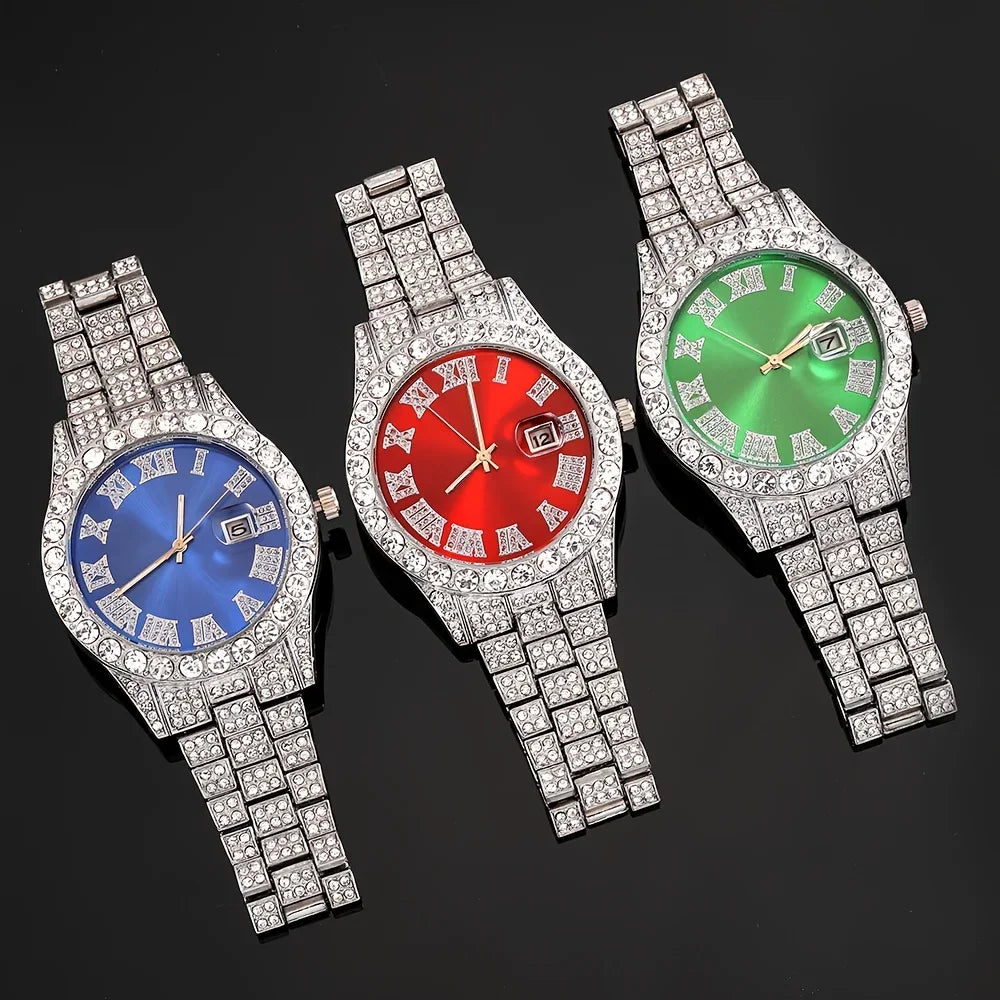 VVS Jewelry 4-Piece Iced Out Watch & Cuban Chain, Bracelet and Cross Bundle Set