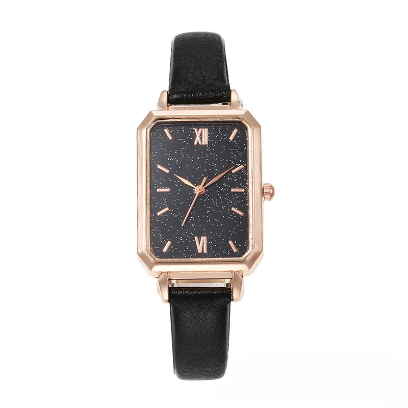 Zeitlose Damenuhr mit quadratischem Zifferblatt und Lederarmband, inspiriert von Malachitsteinen