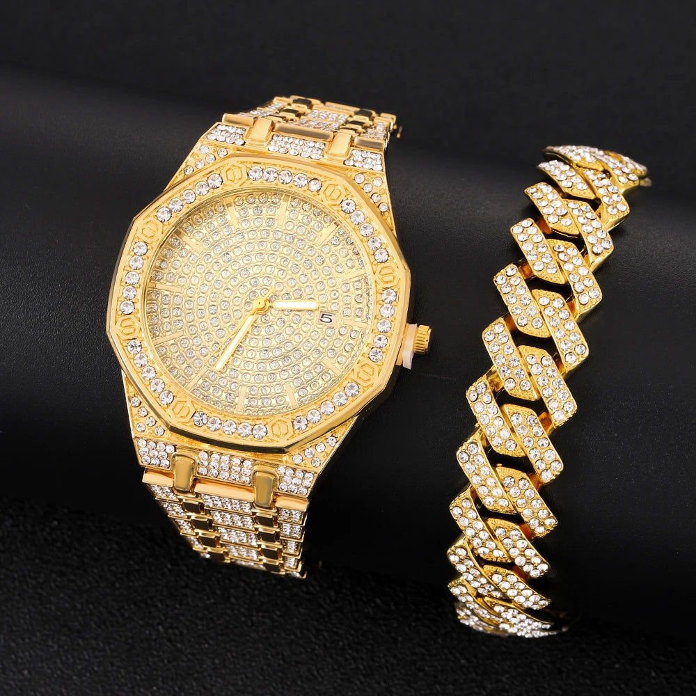 „King Frost“ Iced Out Herren-Golduhr und Miami Cuban Armband Luxus-Paket