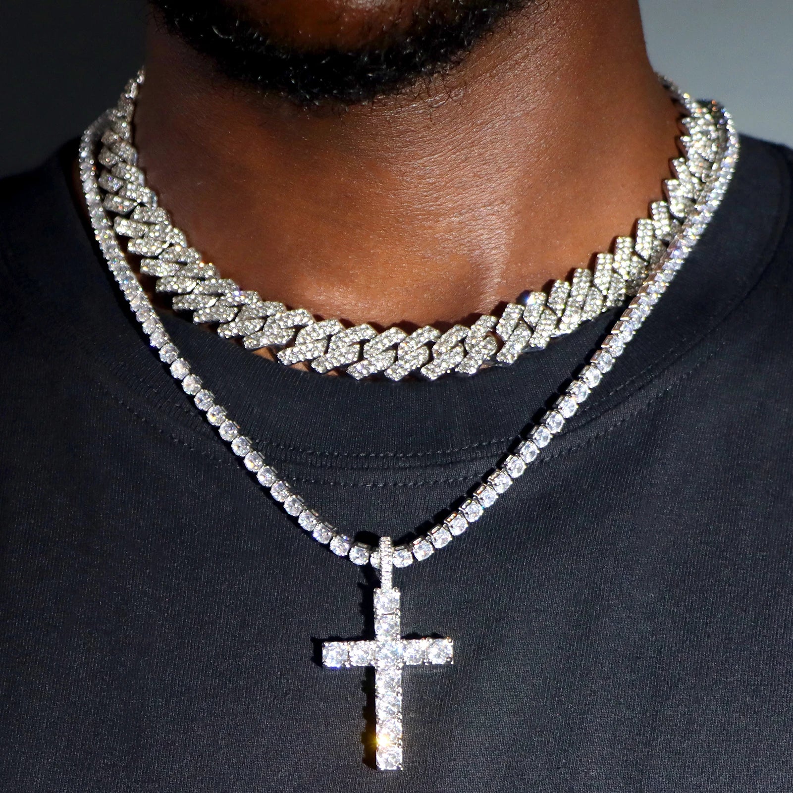 Ensemble 2 pièces Iced Out : chaîne cubaine 14 mm + chaîne tennis croisée