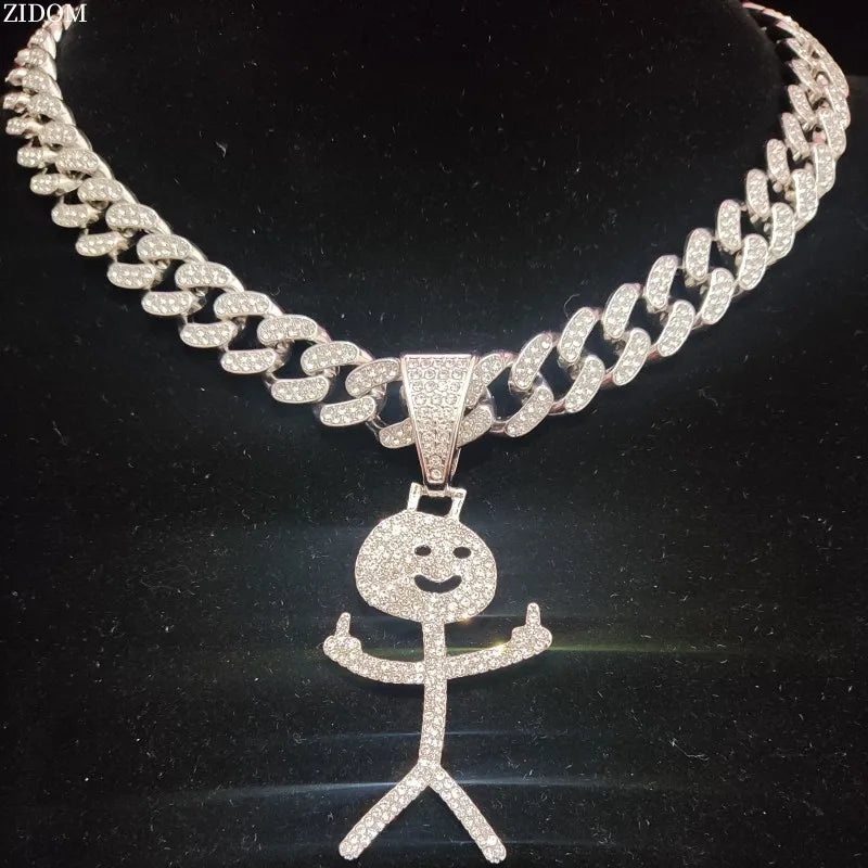 Iced Out Stickman Mittelfinger Kubanische Halskette - Lustiger Hip-Hop-Anhänger