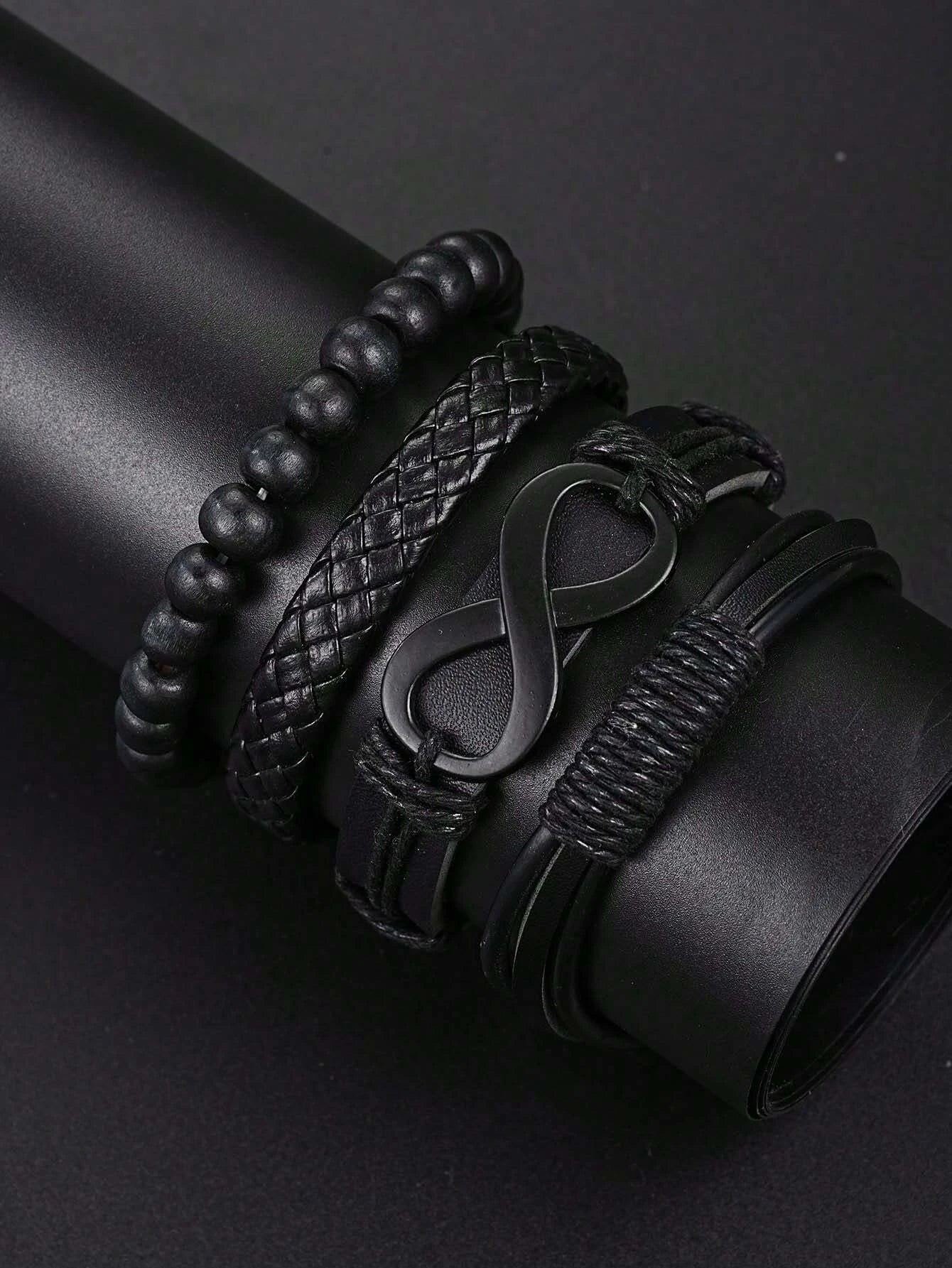 VVS Vanta Noir 6-teiliges Herren-Accessoire-Set – Lederarmband, mechanische Uhr und Halskette mit Kreuzanhänger