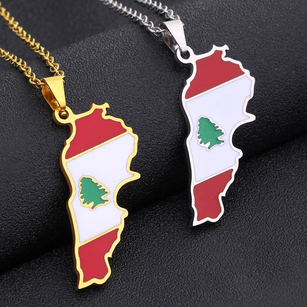 Halskette mit Anhänger aus Edelstahl mit Emaille-Karte und Flagge des Libanon