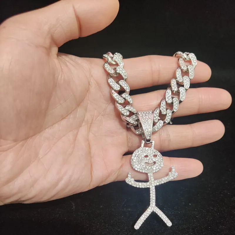Iced Out Stickman Mittelfinger Kubanische Halskette - Lustiger Hip-Hop-Anhänger