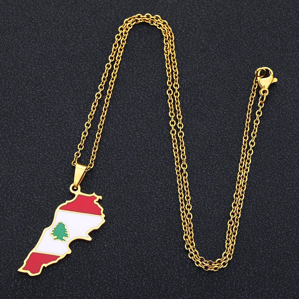 Halskette mit Anhänger aus Edelstahl mit Emaille-Karte und Flagge des Libanon