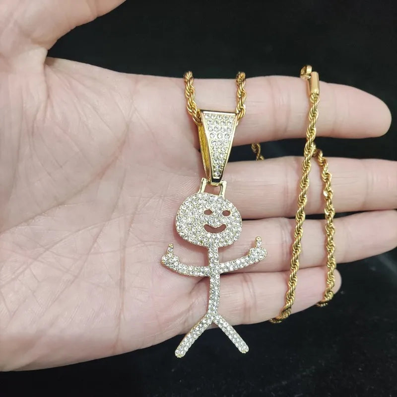 Iced Out Stickman Mittelfinger Kubanische Halskette - Lustiger Hip-Hop-Anhänger