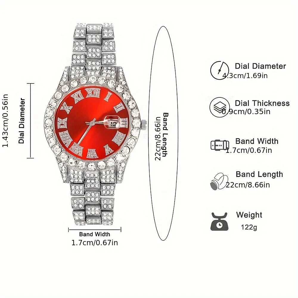 VVS Jewelry 4-Piece Iced Out Watch & Cuban Chain, Bracelet and Cross Bundle Set