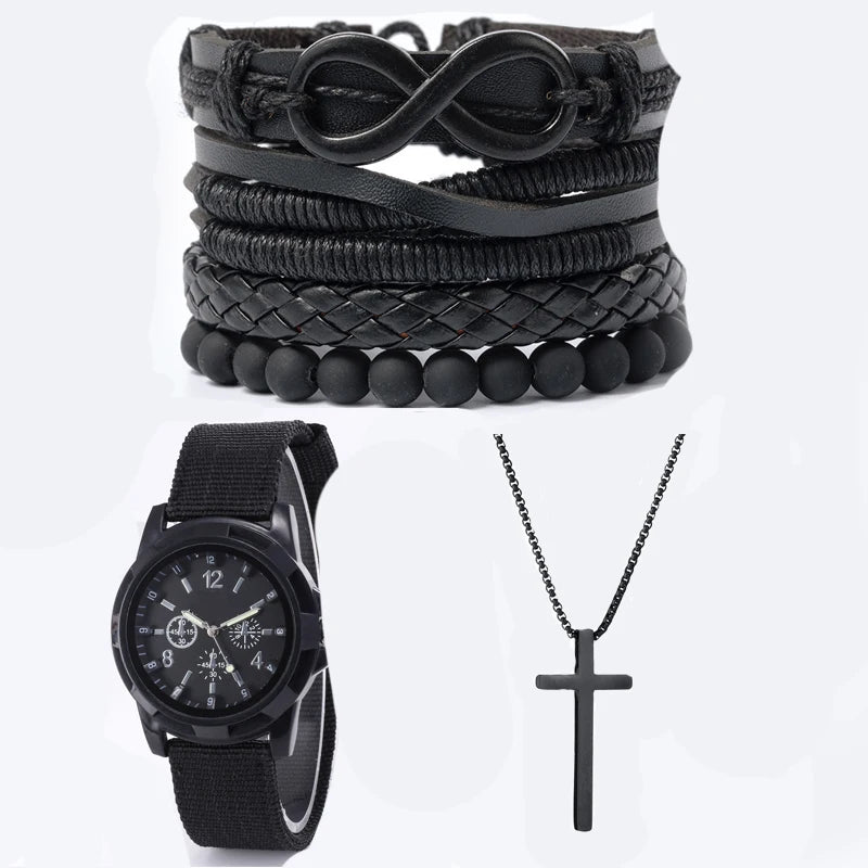 VVS Vanta Noir 6-teiliges Herren-Accessoire-Set – Lederarmband, mechanische Uhr und Halskette mit Kreuzanhänger