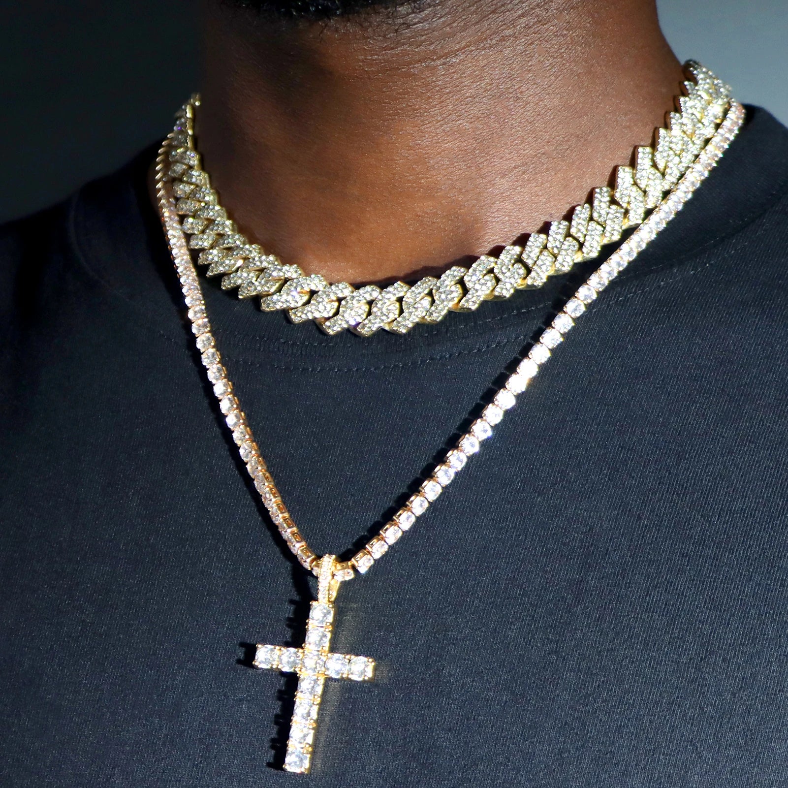 Ensemble 2 pièces Iced Out : chaîne cubaine 14 mm + chaîne tennis croisée