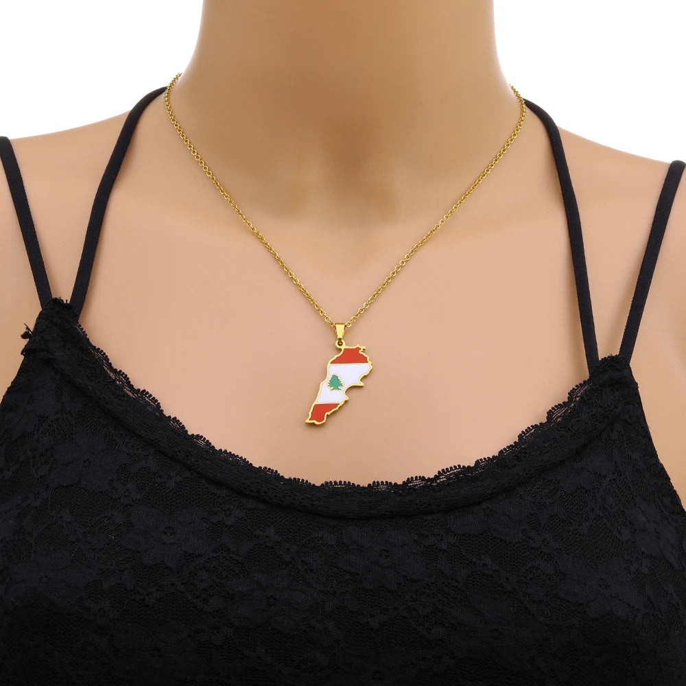 Halskette mit Anhänger aus Edelstahl mit Emaille-Karte und Flagge des Libanon