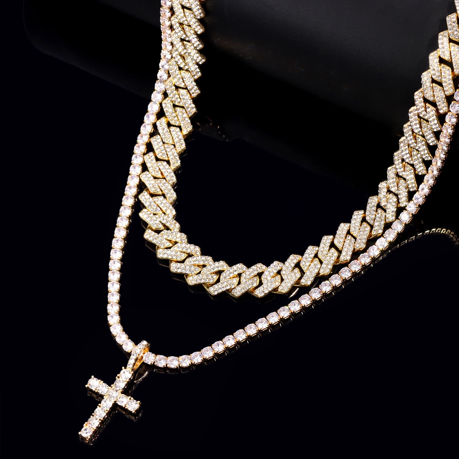 2-teiliges Iced Out-Paket: 14 mm Cuban + Tennis Cross Chain