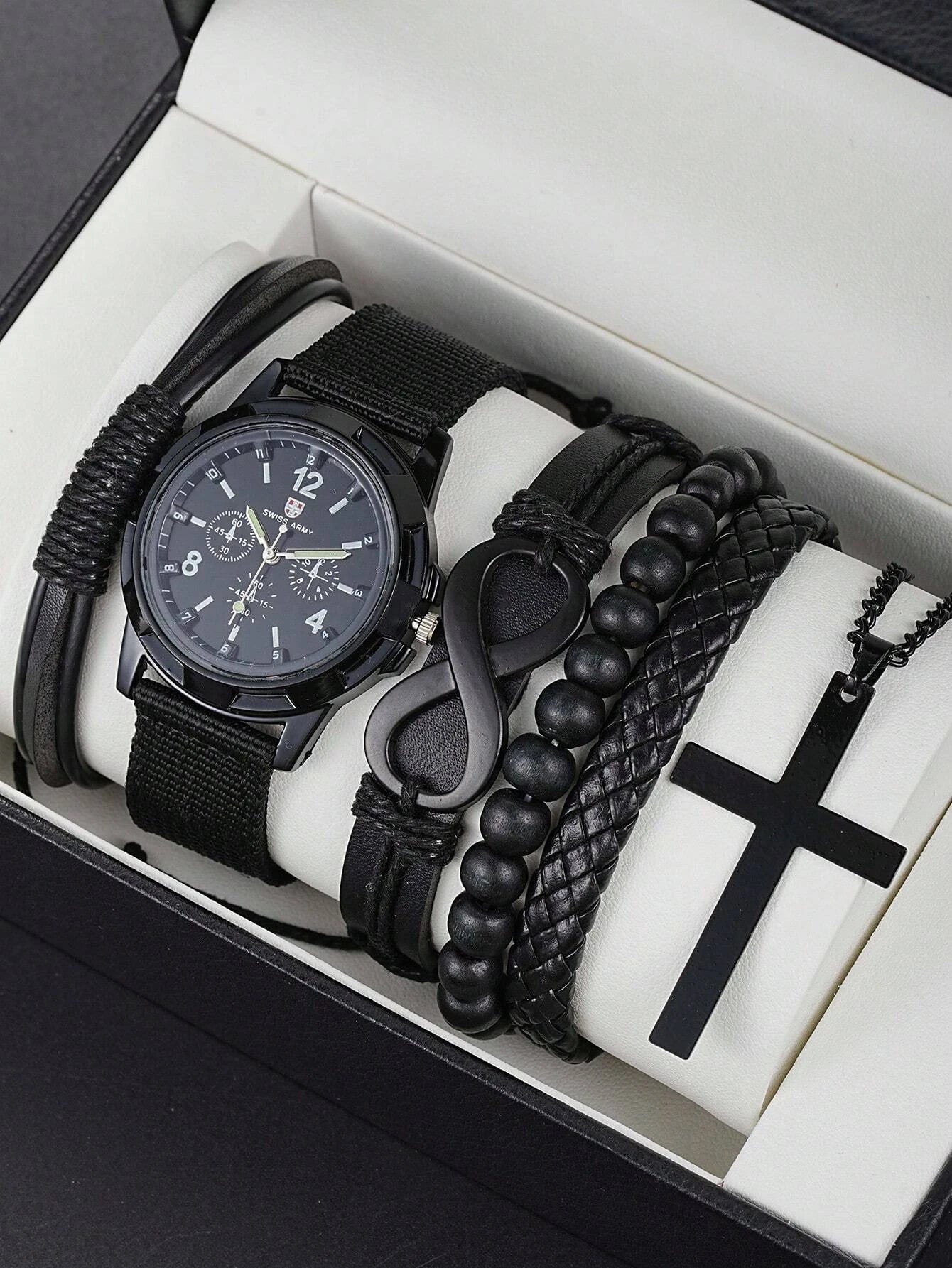VVS Vanta Noir 6-teiliges Herren-Accessoire-Set – Lederarmband, mechanische Uhr und Halskette mit Kreuzanhänger