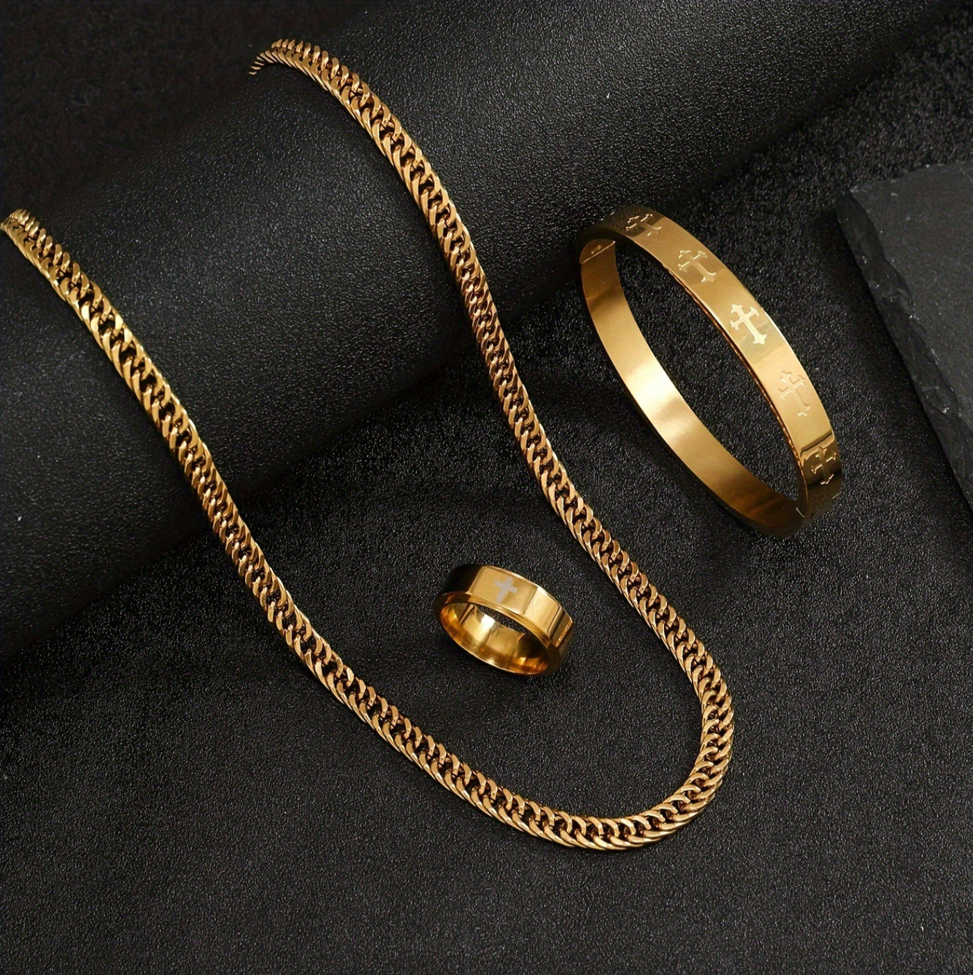 Grillz Boss Glory Gold Cuban Chain Cross Armreif und Kreuzring Bundle