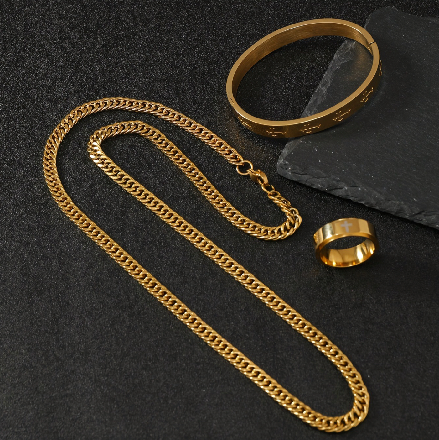 Grillz Boss Glory Gold Cuban Chain Cross Armreif und Kreuzring Bundle