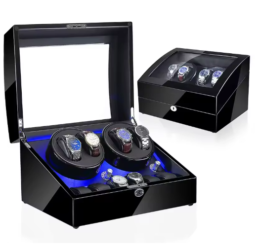 Luxury Walnut Wood 4 + 6 Watch Winder with Extra Storage and LED Lights