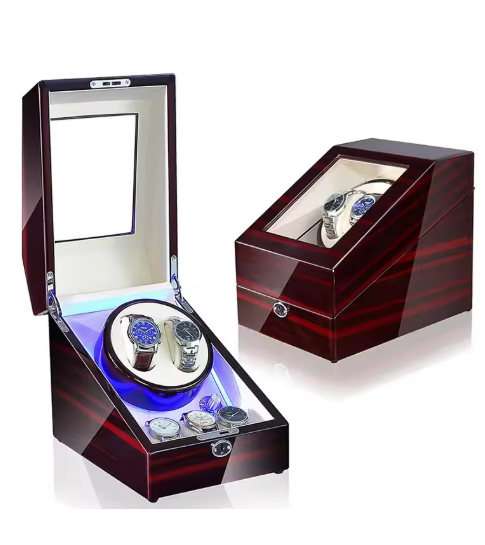 Luxury Walnut Wood 2+3 Watch Winder with Lock, LED Lights & Extra Storage