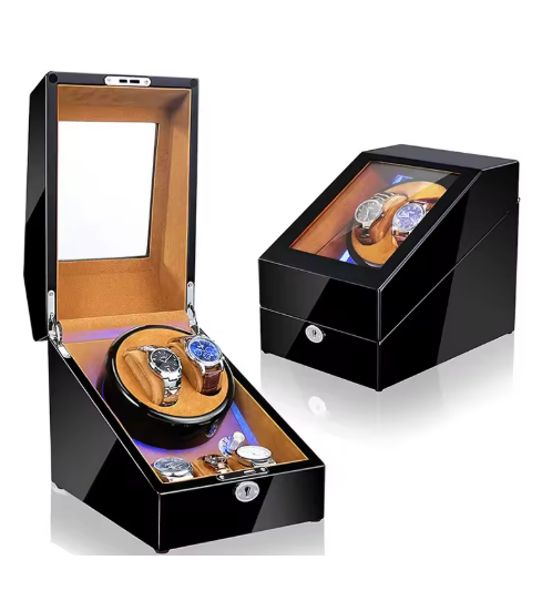 Luxury Walnut Wood 2+3 Watch Winder with Lock, LED Lights & Extra Storage