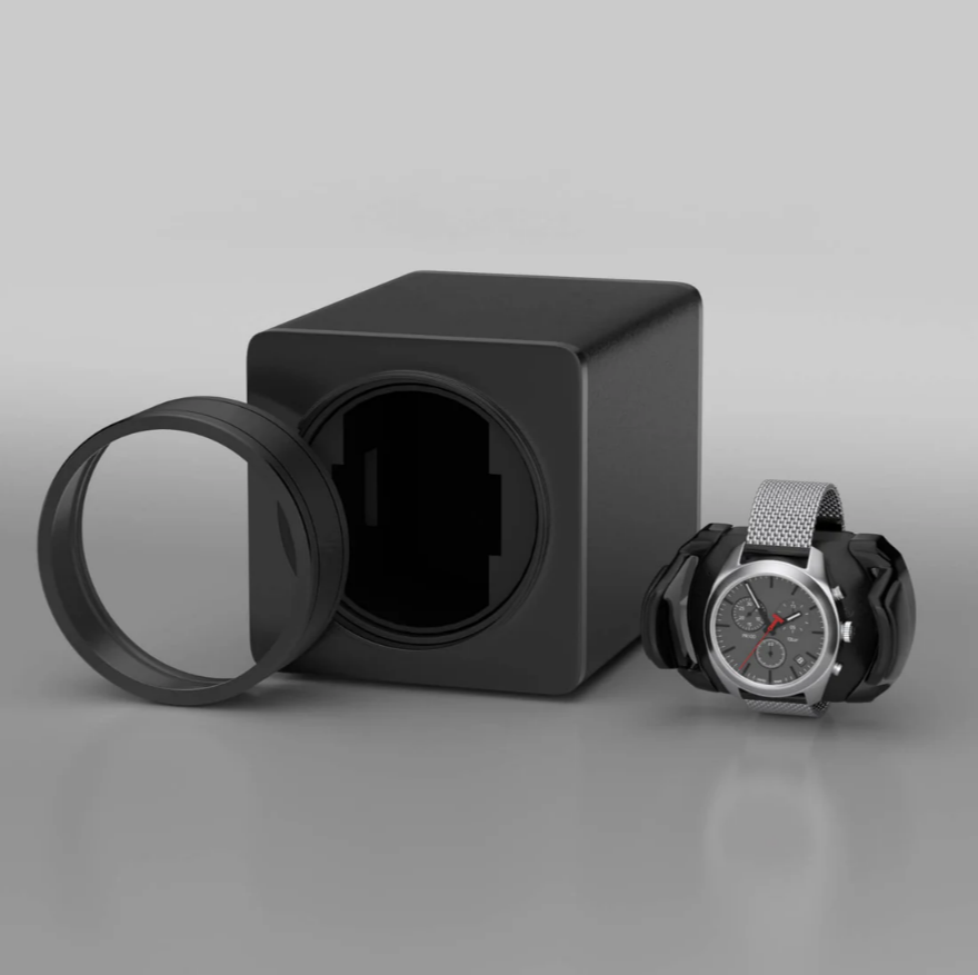 Watch Winder Single Box – Quiet Mabuchi Motor, Stackable Vegan Leather Case for Travel – Midnight Black