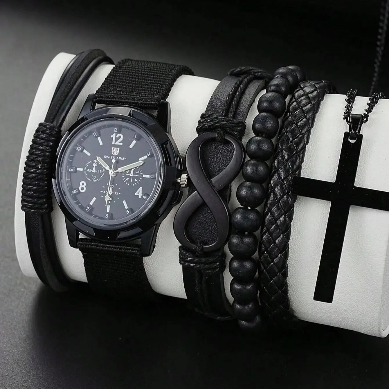 VVS Vanta Noir 6-teiliges Herren-Accessoire-Set – Lederarmband, mechanische Uhr und Halskette mit Kreuzanhänger