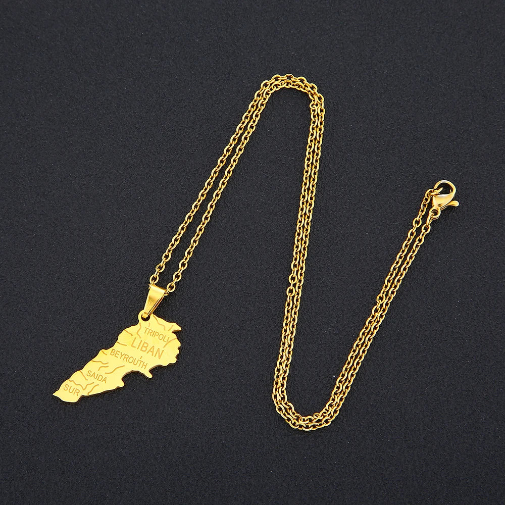 Collier en or avec carte du Liban et du Moyen-Orient