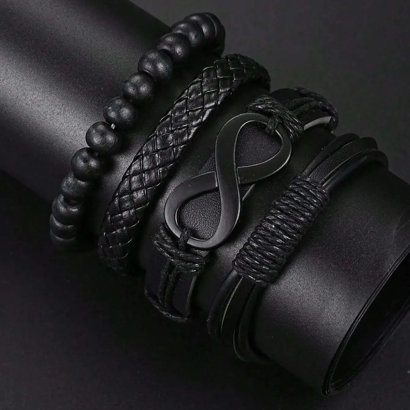VVS Vanta Noir 6-teiliges Herren-Accessoire-Set – Lederarmband, mechanische Uhr und Halskette mit Kreuzanhänger