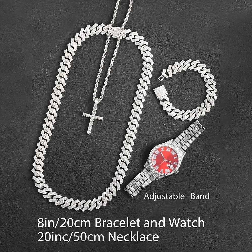 VVS Jewelry 4-Piece Iced Out Watch & Cuban Chain, Bracelet and Cross Bundle Set