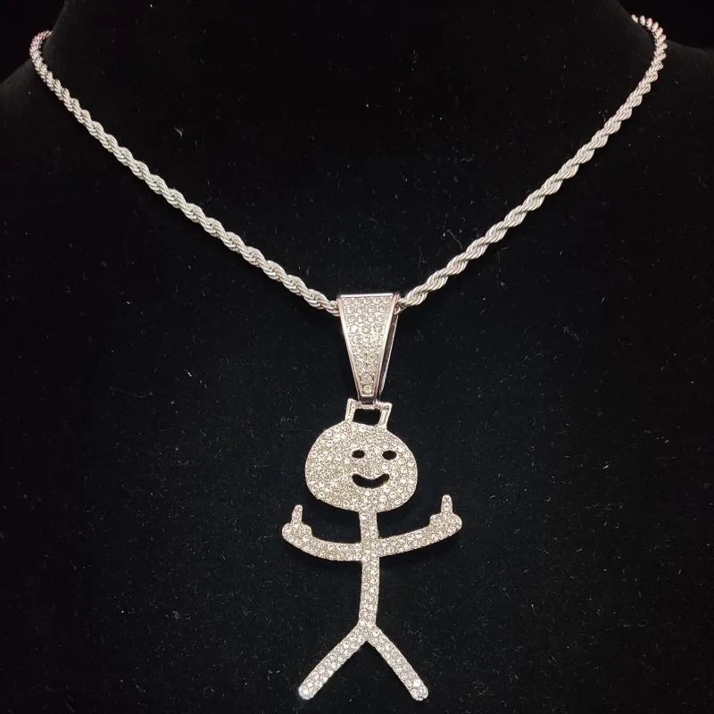 Iced Out Stickman Mittelfinger Kubanische Halskette - Lustiger Hip-Hop-Anhänger