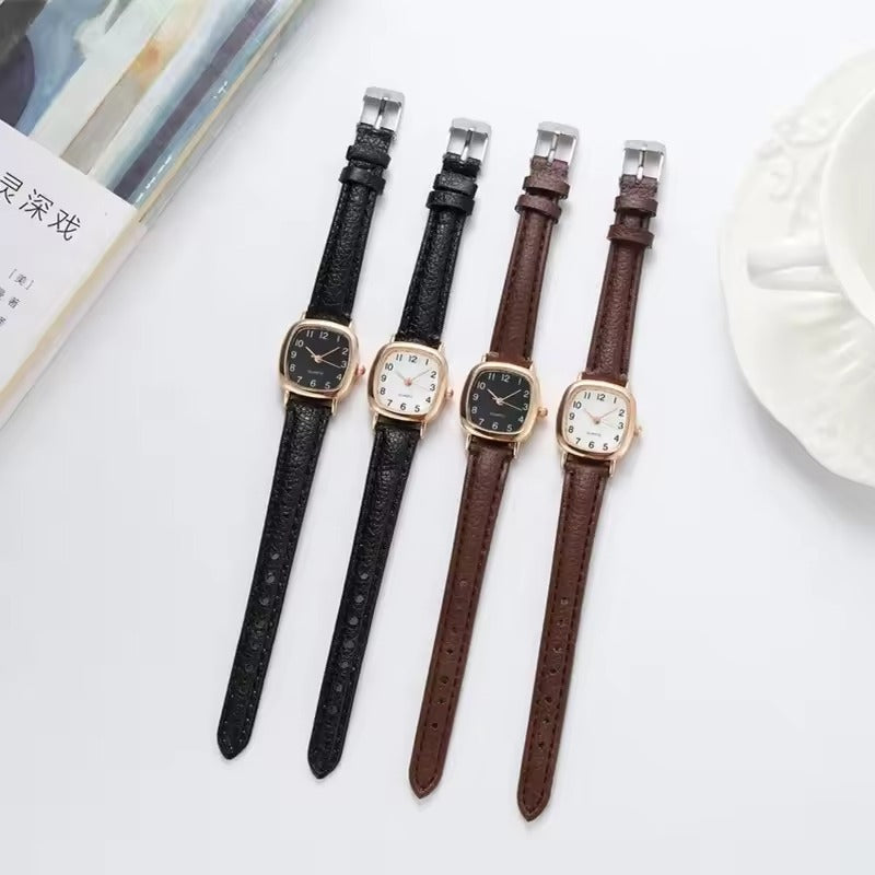 Braune Retro-Damenuhr mit quadratischem Lederarmband