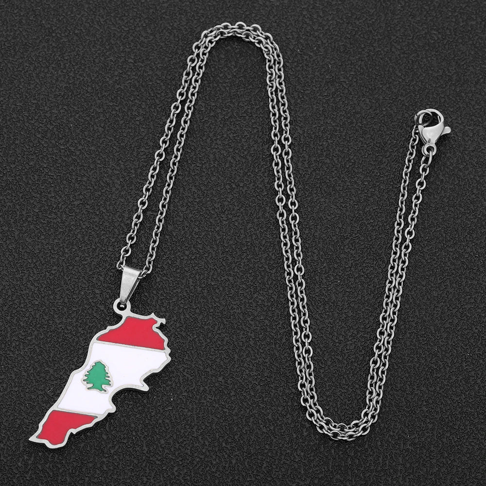 Halskette mit Anhänger aus Edelstahl mit Emaille-Karte und Flagge des Libanon