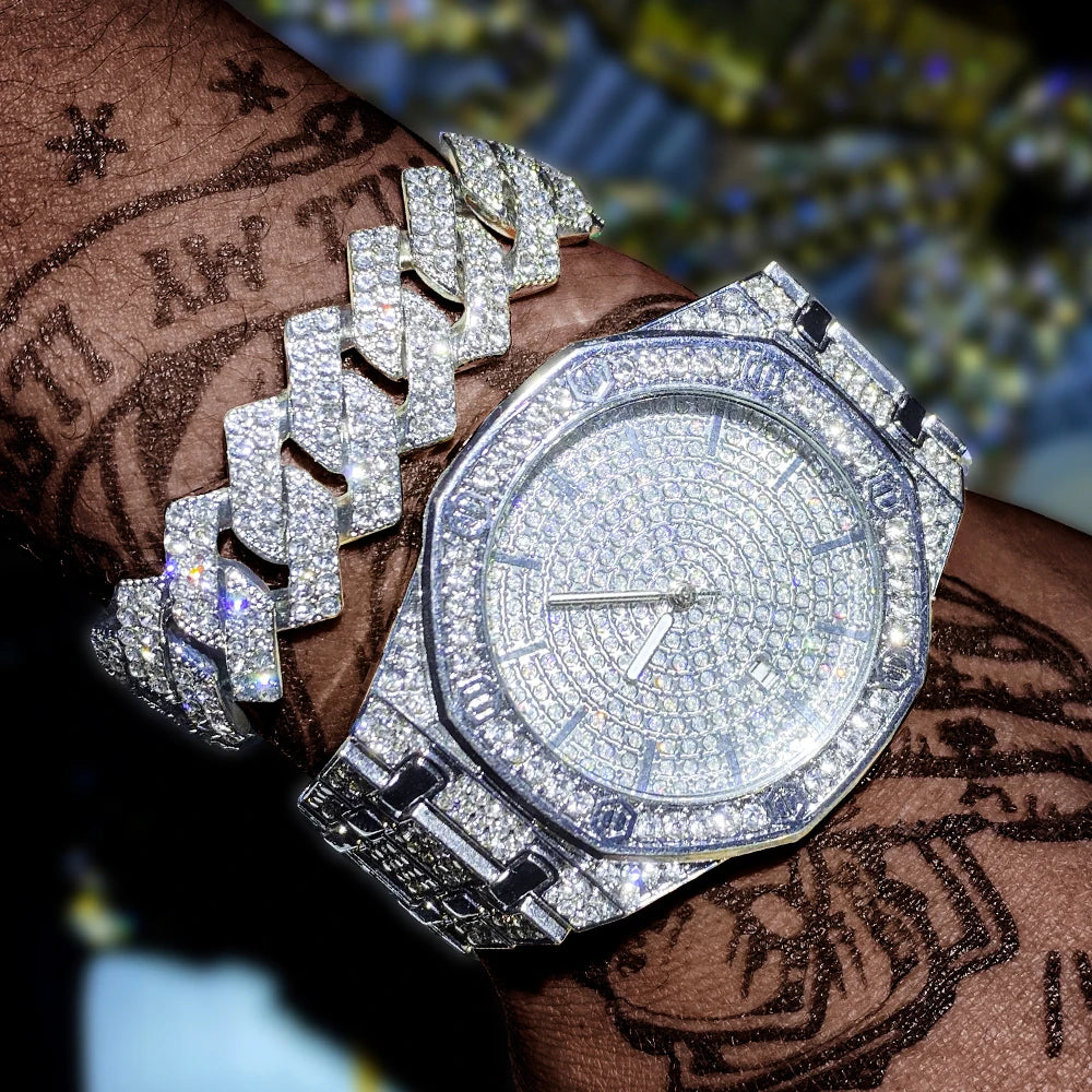 „King Frost“ Iced Out Herren-Golduhr und Miami Cuban Armband Luxus-Paket