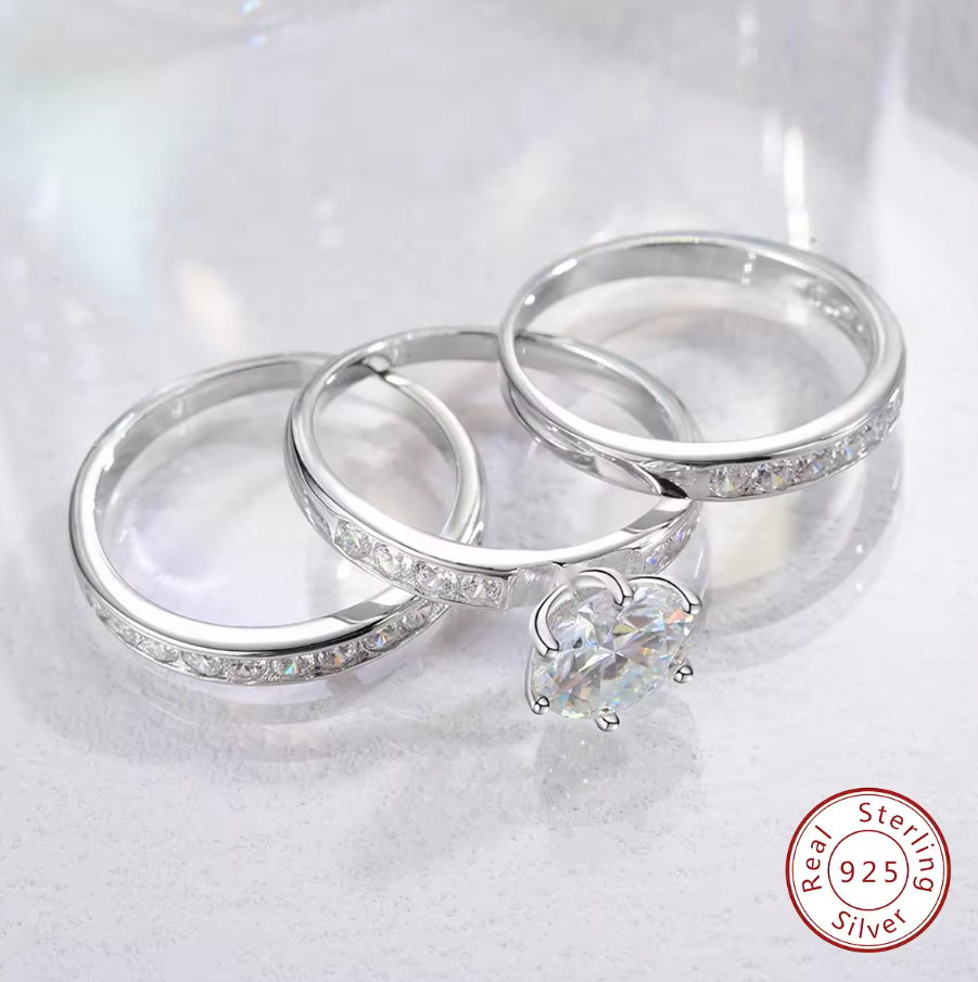 2 Karat dreireihiger Diamant-Moissanit-Ring aus 925er Sterlingsilber