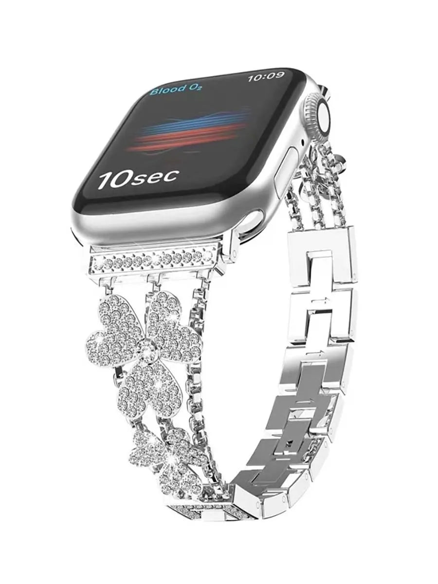Bracelet de montre Apple en acier inoxydable à motif floral scintillant