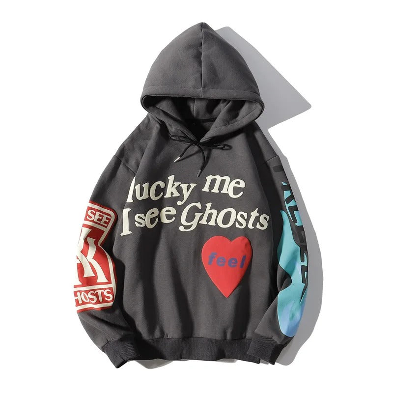 Graffiti-Buchstaben-Schaumstoff-Baggy „Lucky Me I see Ghosts“ Grafik-Kapuzenpullover