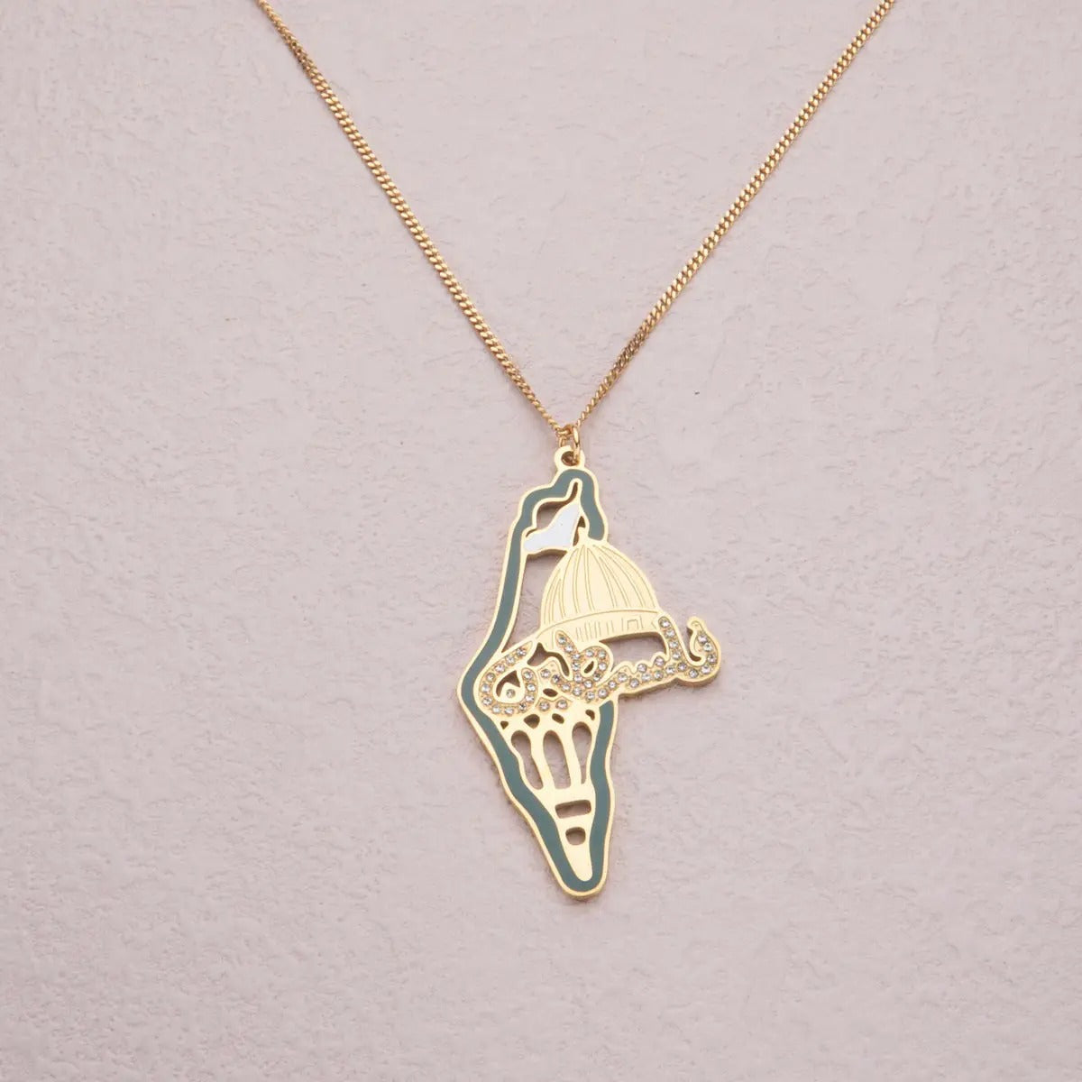 Halskette mit Anhänger aus Edelstahl mit Kuppelkarte von Palästina und Diamant-Akzenten