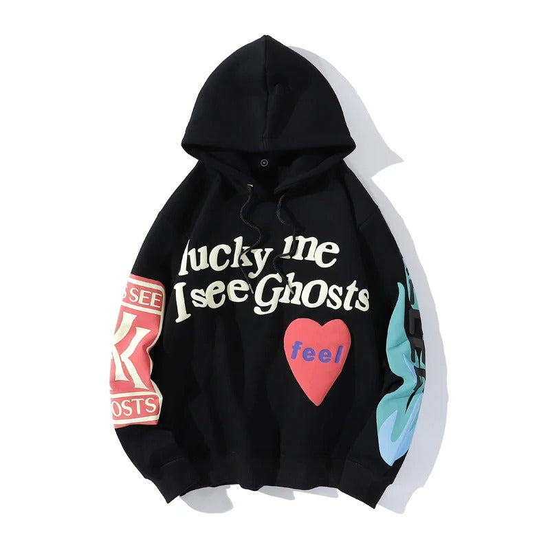 Graffiti-Buchstaben-Schaumstoff-Baggy „Lucky Me I see Ghosts“ Grafik-Kapuzenpullover