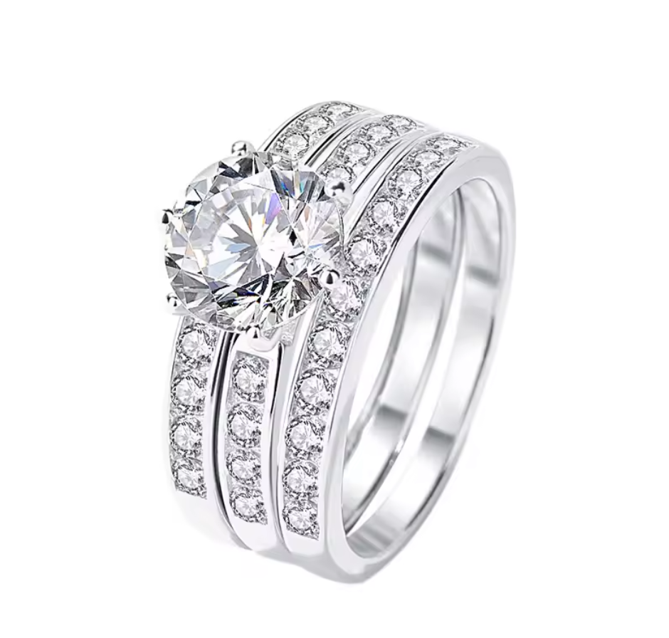 2 Karat dreireihiger Diamant-Moissanit-Ring aus 925er Sterlingsilber